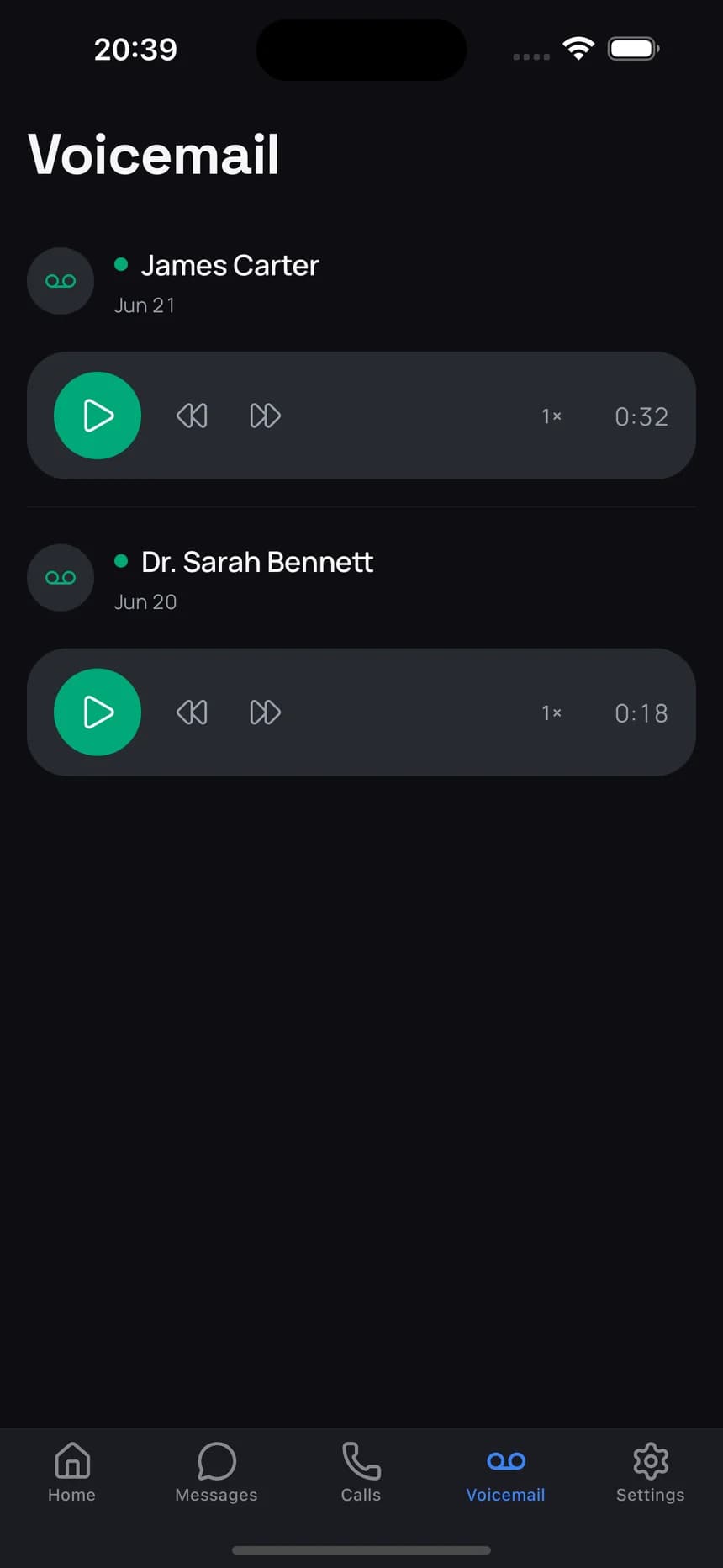 Voicemail list with playback controls